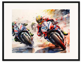 Gerahmter Kunstdruck Rennmotorrad Überholmanöver