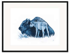 Gerahmter Kunstdruck Mutter Bison mit ihrem Kalb