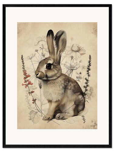 Impression artistique encadrée Rabbit With Wildflowers