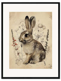 Impression artistique encadrée Rabbit With Wildflowers
