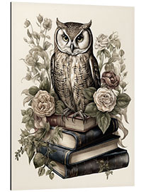 Tableau en aluminium Wise owl with books and roses