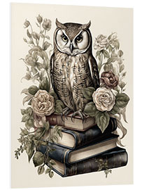 Quadro em PVC Wise owl with books and roses