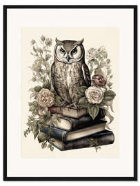 Gerahmter Kunstdruck Weise Eule mit Büchern und Rosen