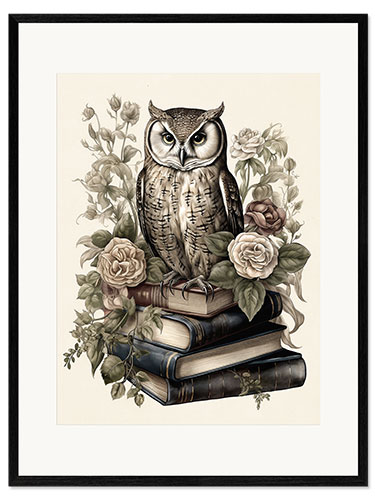 Framed art print Wise owl with books and roses