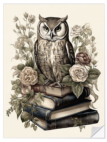 Selvklebende plakat Wise owl with books and roses