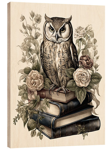 Hout print Wise owl with books and roses