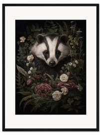 Gerahmter Kunstdruck Dachs im Blumenwald