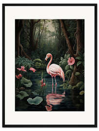 Gerahmter Kunstdruck Rosa Flamingo im Dschungel