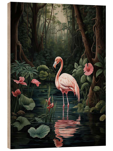 Holzbild Rosa Flamingo im Dschungel