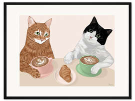 Gerahmter Kunstdruck Zwei Katzen beim Frühstück