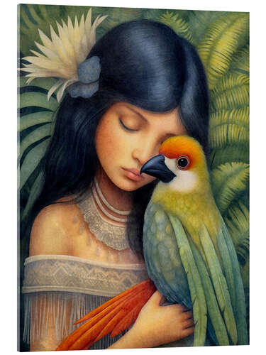 Akryylilasitaulu Dreamy girl and parrot