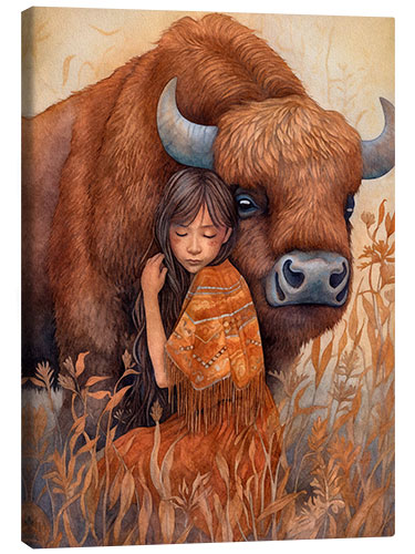 Canvas print Friendship on the Grassland: Girl and Bison