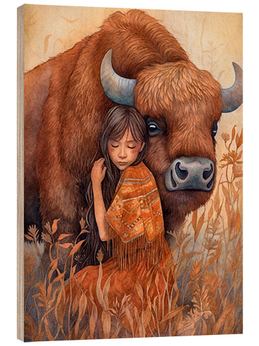 Wood print Friendship on the Grassland: Girl and Bison