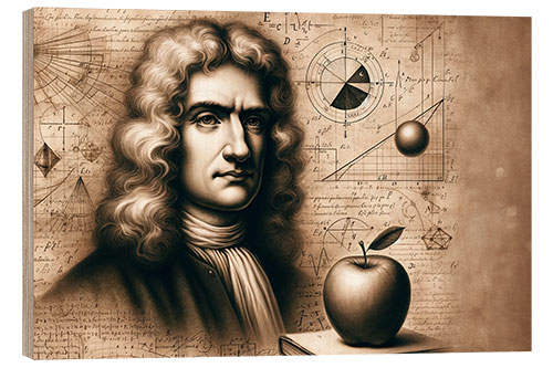 Wood print Isaac Newton and his apple