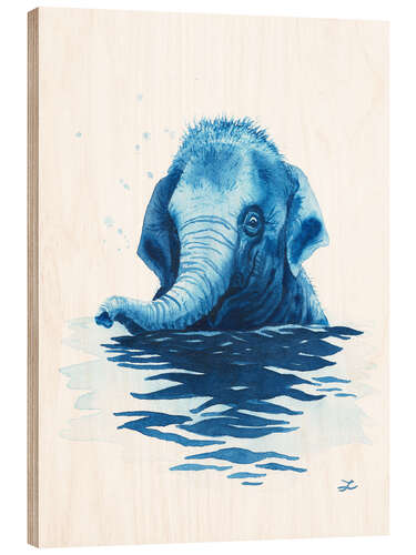 Tableau en bois Baby Elephant Taking a Bath