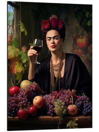 Aluminium print Frida Kahlo portrait with a glass of wine