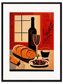 Inramat konsttryck Bread, wine and olives