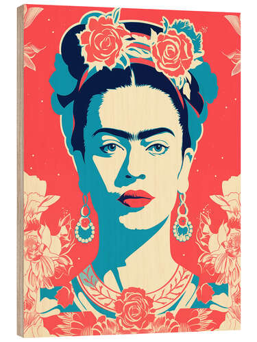 Wood print Frida Kahlo Retro Portrait