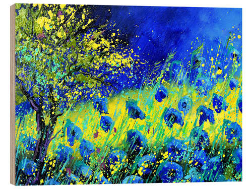 Wood print Blue summer wild flowers