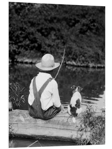 Tableau en PVC Farm boy with straw hat fishing with his dog