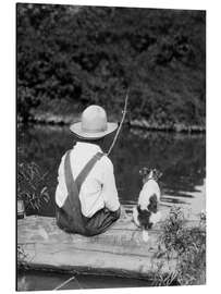 Magnettafel Bauernjunge mit Strohhut beim Angeln mit seinem Hund