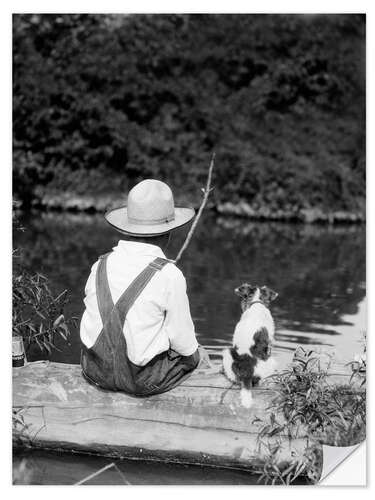 Selvklæbende plakat Farm boy with straw hat fishing with his dog