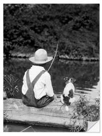 Selvklæbende plakat Farm boy with straw hat fishing with his dog