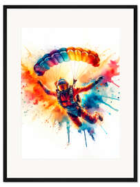 Gerahmter Kunstdruck Fallschirmspringer in Aquarell-Wolken