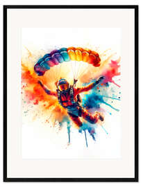 Kehystetty taidepainatus Parachutist in watercolour clouds