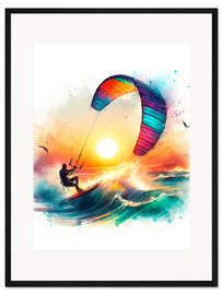 Gerahmter Kunstdruck Kitesurfen bei Sonnenuntergang