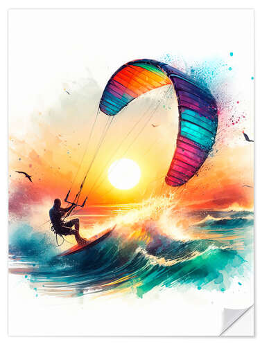 Muursticker Kite surfing at sunset