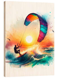 Wood print Kite surfing at sunset