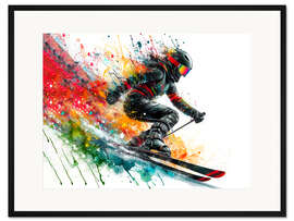Gerahmter Kunstdruck Skifahrerin auf Aquarellschnee
