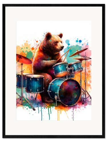 Ingelijste kunstdruk Bear on drums