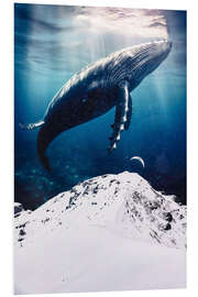 Tableau en PVC Giant blue whale over snowy mountain