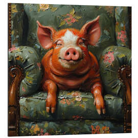 Aluminium print Happy pig laying on vintage sofa