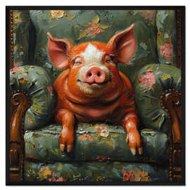 Gerahmter Kunstdruck Glückliches Schweinchen auf einem Vintage-Sofa