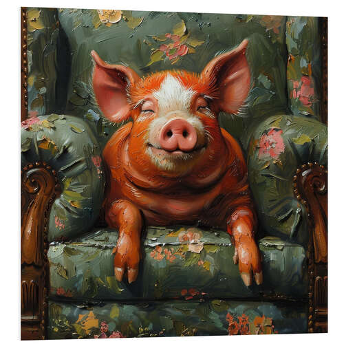 Foam board print Happy pig laying on vintage sofa