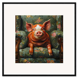 Impressão artística com moldura Happy pig laying on vintage sofa