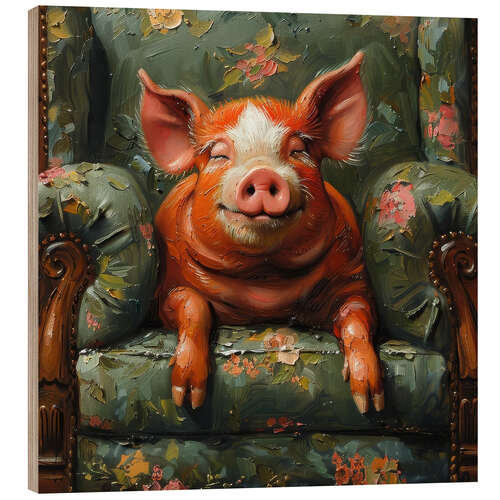 Puutaulu Happy pig laying on vintage sofa