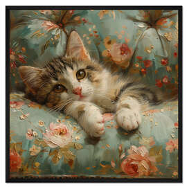 Gerahmter Kunstdruck Süßes Kätzchen auf dem Sofa