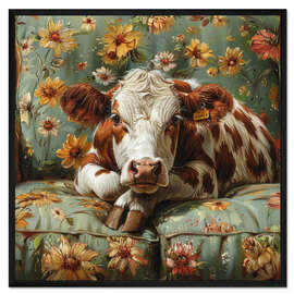 Gerahmter Kunstdruck Süße Kuh chillt auf dem Sofa