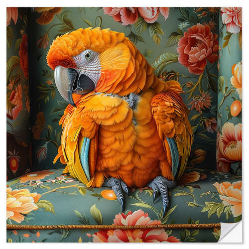 Selvklebende plakat Orange Parrot On Sofa