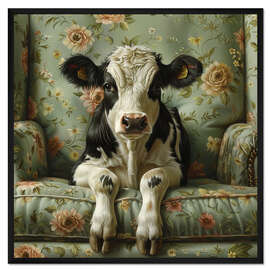 Gerahmter Kunstdruck Süßes Kalb auf Sofa