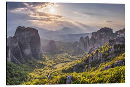 Aluminium print Meteora Rocks at sunset