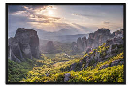 Gerahmter Kunstdruck Meteora-Felsen bei Sonnenuntergang