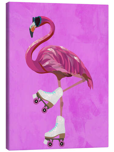 Tableau sur toile Pink Flamingo rollerskating