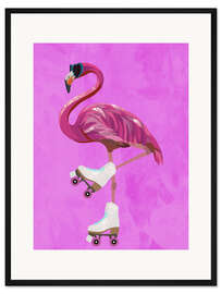 Gerahmter Kunstdruck Rosa Flamingo beim Rollschuhlaufen