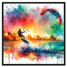 Gerahmter Kunstdruck Kitesurfen in Aquarell