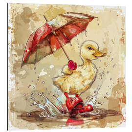 Tableau en aluminium Duckling with red umbrella in the rain